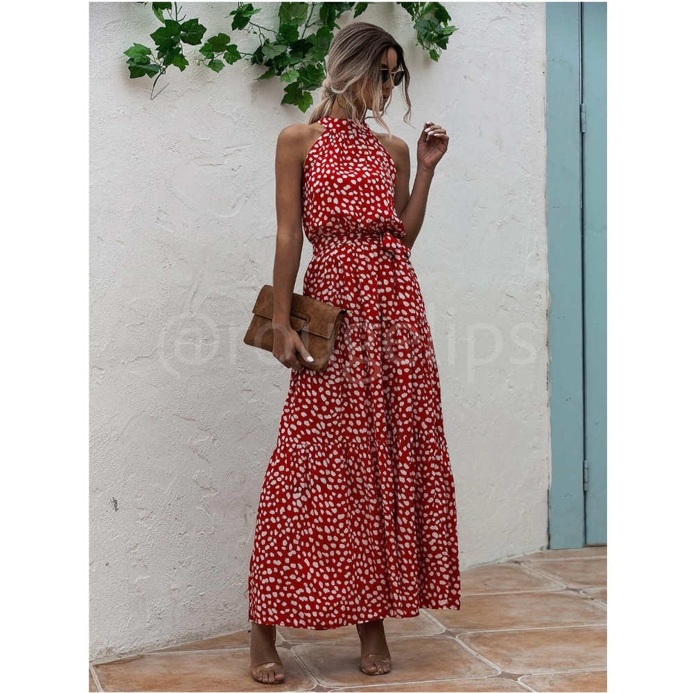 Spotted Print Maxi Dress Tie Belt High Neck White Red Long Flared Halter